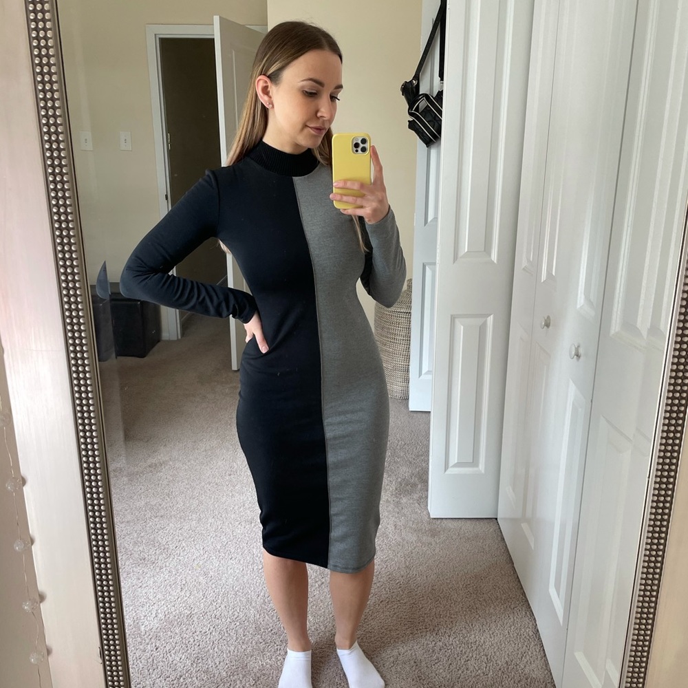 Zara Black and Gray Colorblock Midi Dress